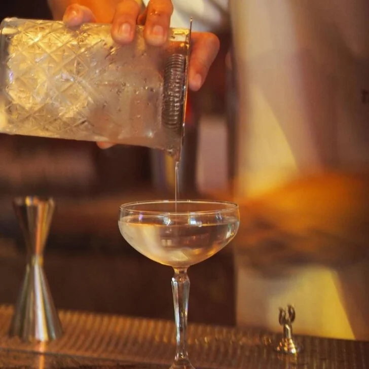 Bartenders pouring a classic martinin
