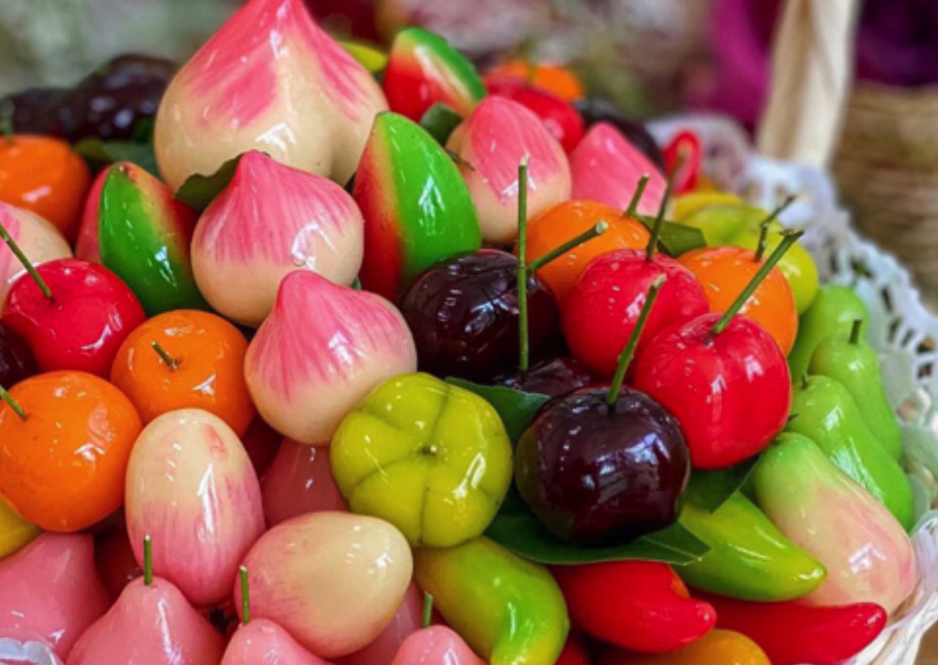 Luk Chup are fruit shaped Thai desserts filled with mung bean