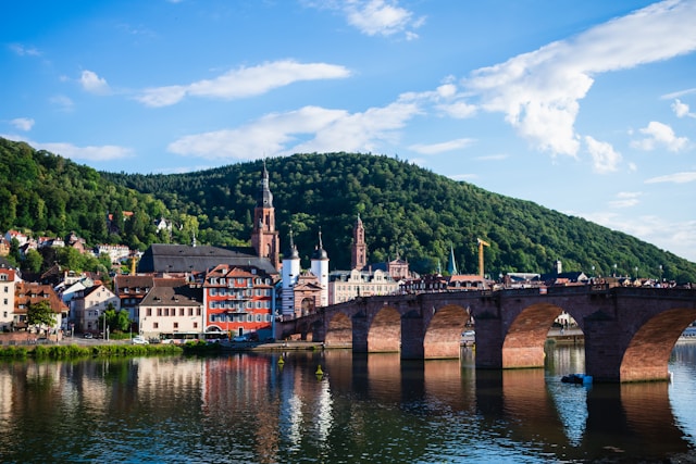 colorful houses on the banks of the river neckar next to a bridge in heidelberg germany