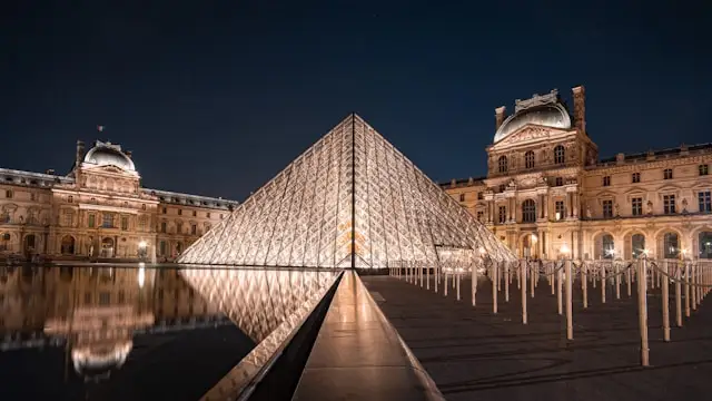 the pyramid of the louvre in paris france at night