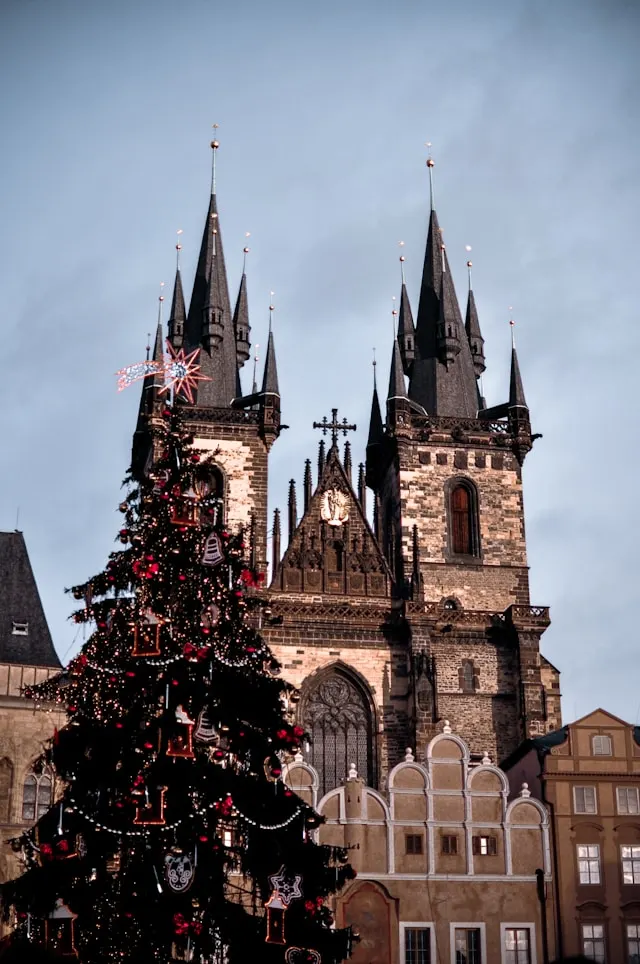 a christmas tree outside our lady before tyn church is prague old town czech republic
