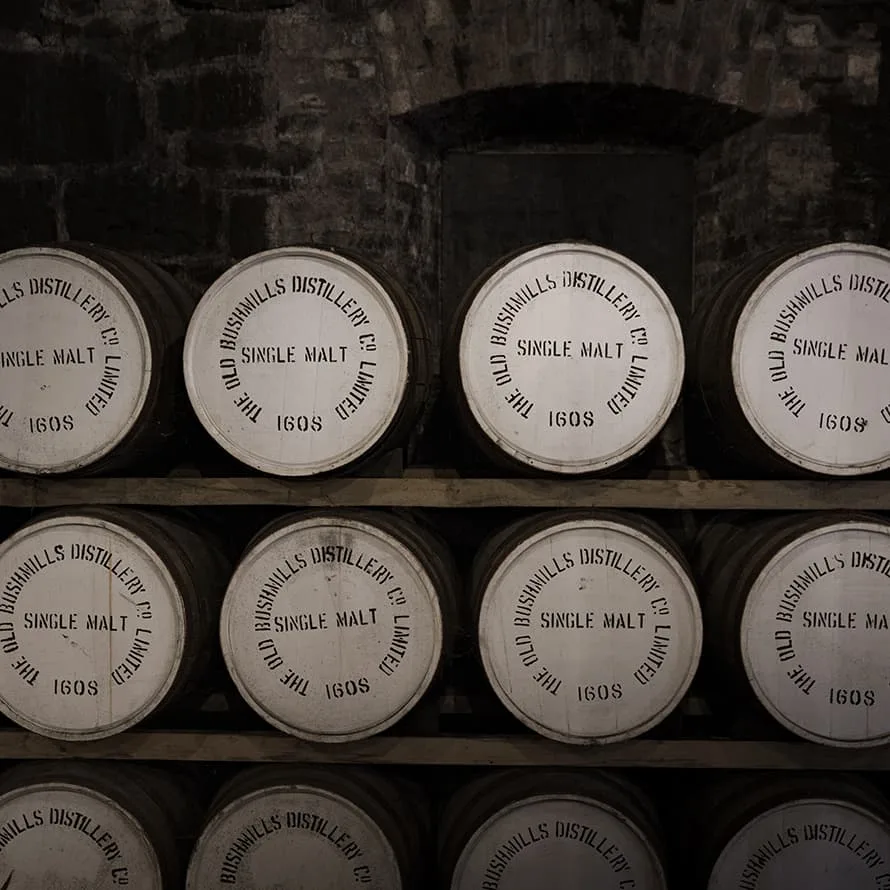 Single malt whiskey barrels within the distillery