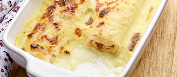 ficelle picardie crepe from amiens france in a white ceramic roasting dish