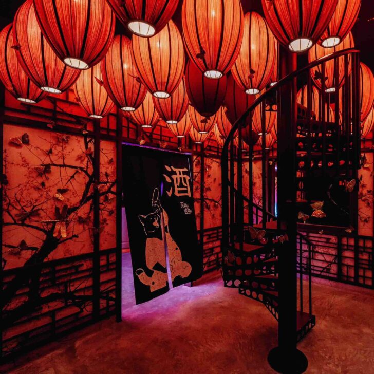 Ambient and red-lit Here Kitty Kitty, with red lanterns