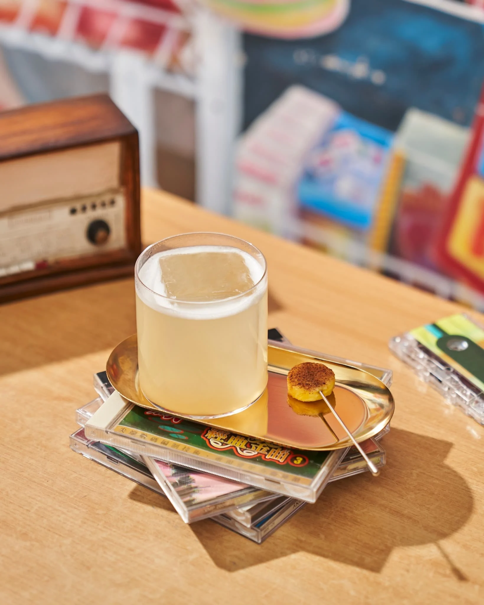 The bar is decorated in retro decor, like CDs and tapes