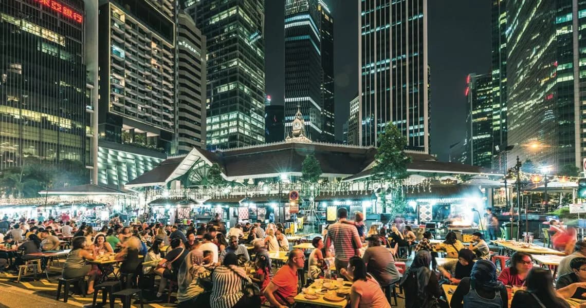 Tables and chairs set up at Lau Pa Sat Hawker