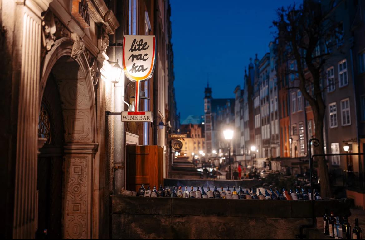 literaka wine bar restaurant in gdansk poland illuminated at night