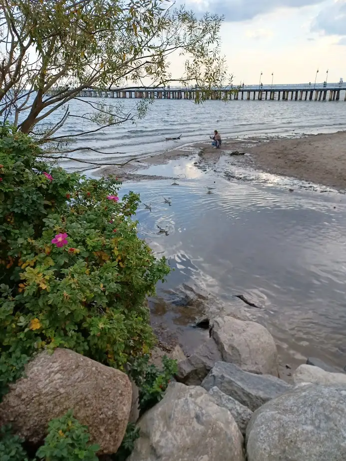 a lady sitting by the baltic sea in orlowo poland with a wooden pier in the background