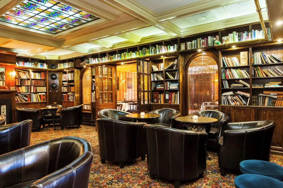 a wood panelled library bar at the bishops arms hotel in malmo sweden