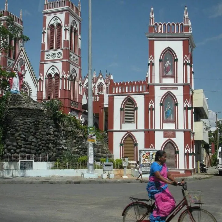 A street in Pondicherry. India with the Palais de Mahe in the background