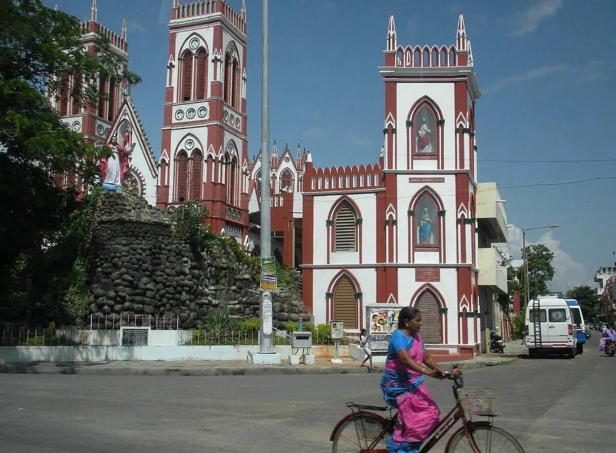 A street in Pondicherry. India with the Palais de Mahe in the background 