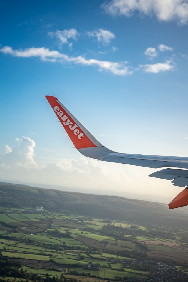 the winglet of an easyjet plane landing in belfast northern ireland