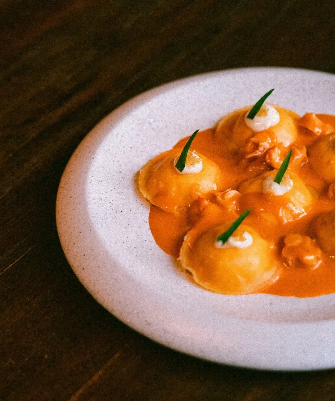 Pansotti pasta in a rich tomato bisque