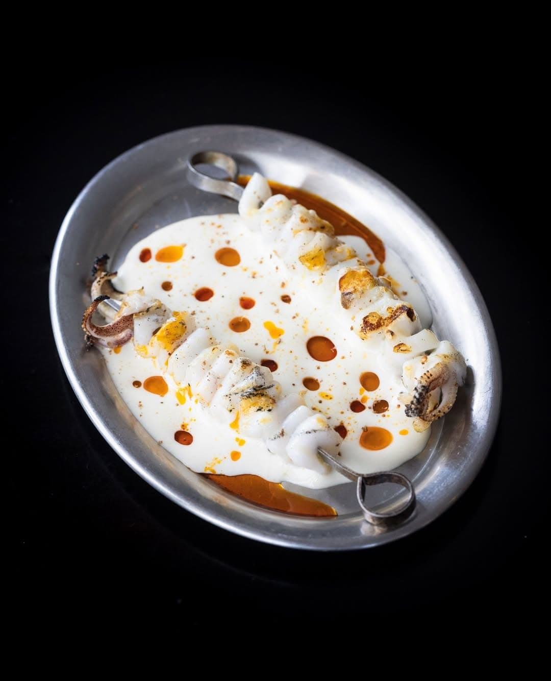 Colour pops: local squid skewers, cacio and chilli