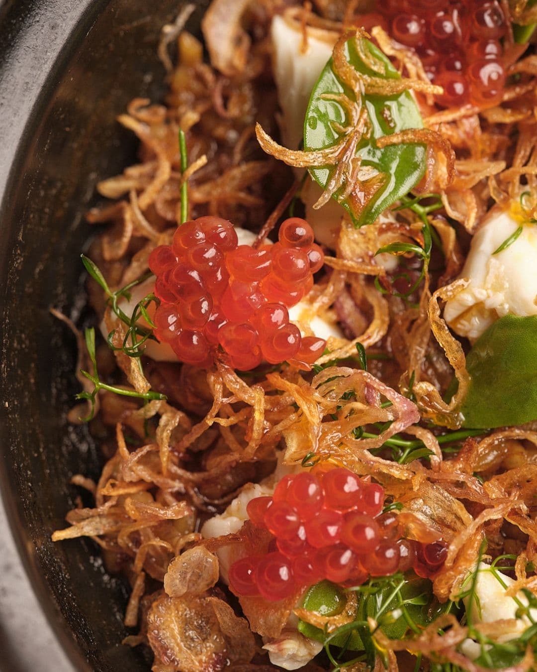 Food is Latin American meets Indonesian: caviar and crispy shallots