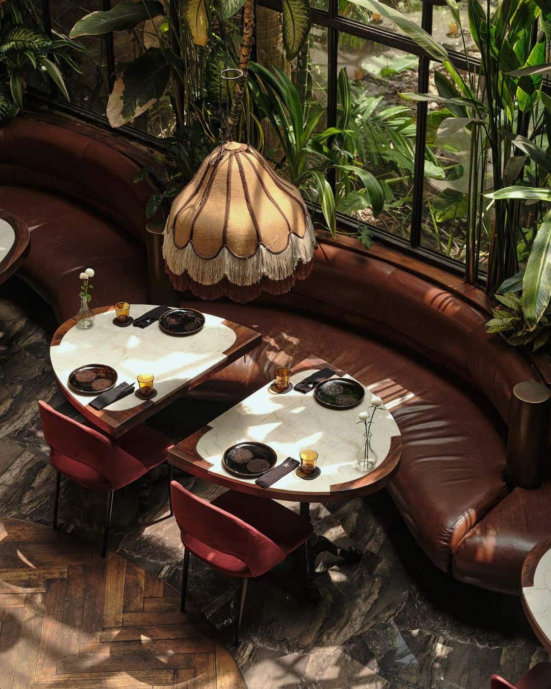 Interiors, hanging pendant light and leather sofas