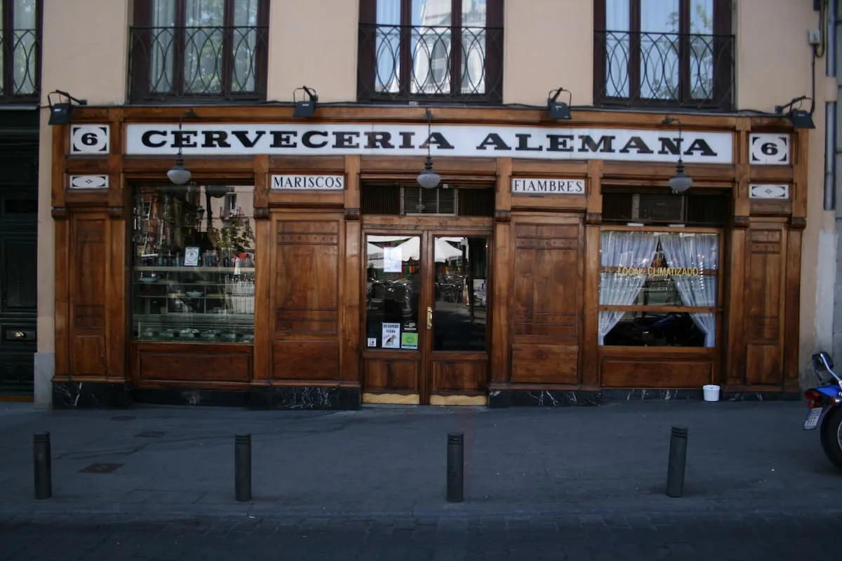 the front of cerveceria alemana a german style beer bar in madrid spain