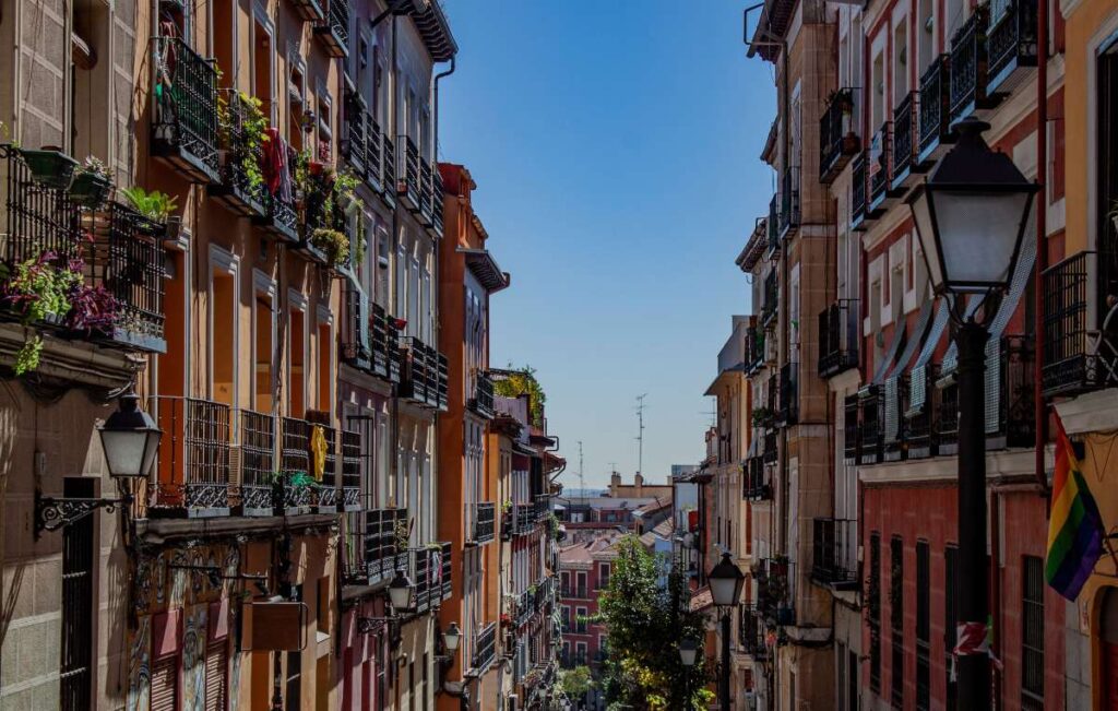 colorful houses on a hill in the lavapies barrio of madrid spain