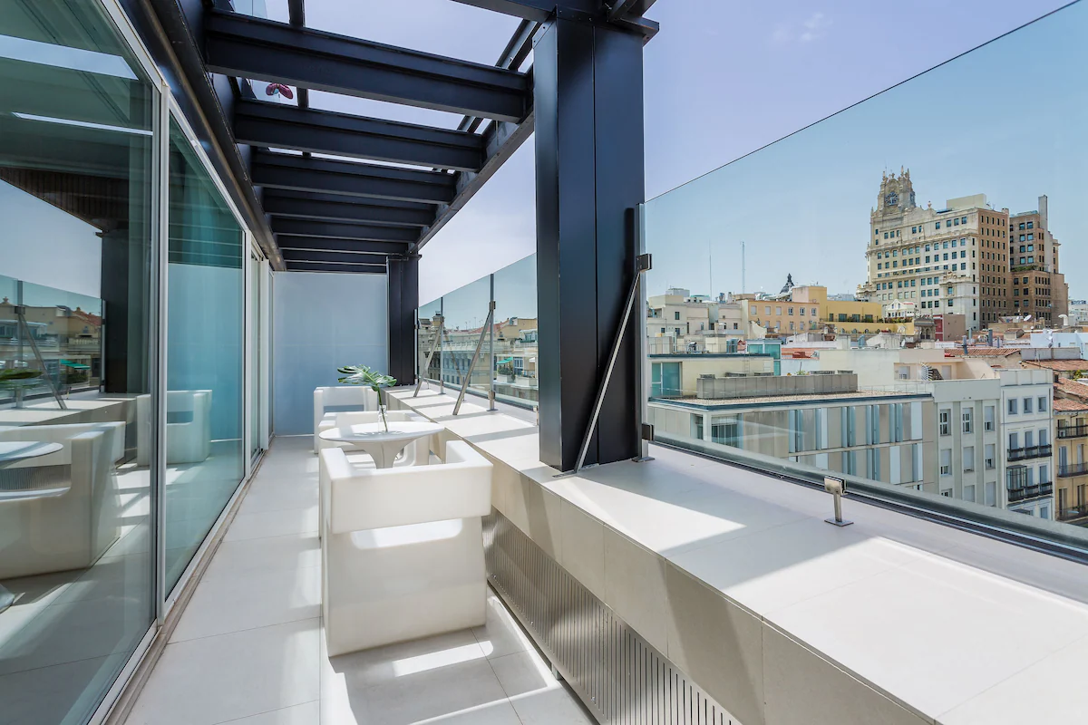 city view of madrid spain from a balcony of a hotel room at room mate oscar in chueca