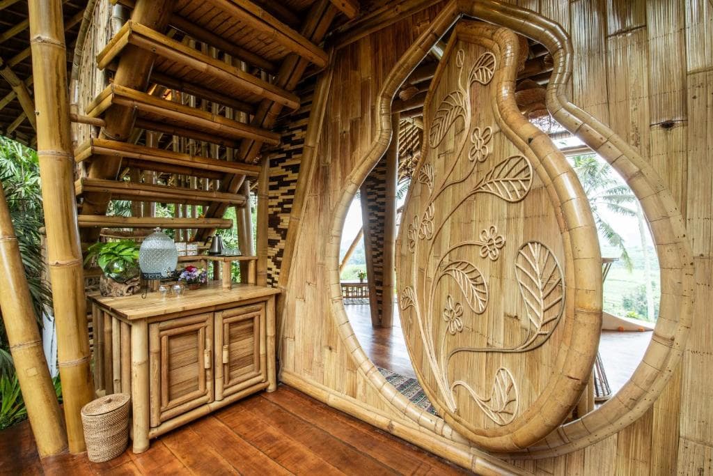 Intricately carved bamboo door