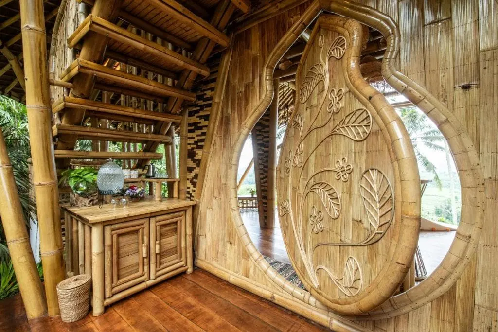 Intricately carved bamboo door