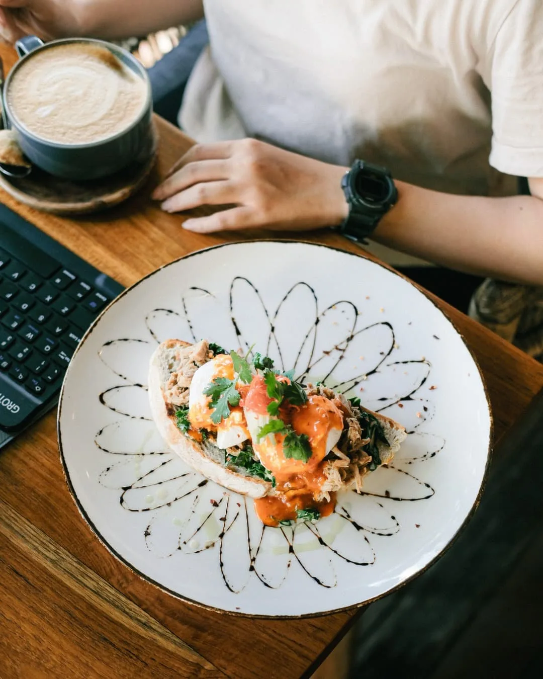 Coffee and breakfast - poached eggs on sourdough