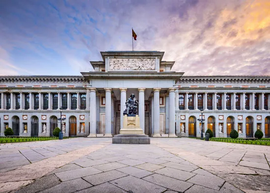 colonnades at the entrance of the prado museum in madrid spain