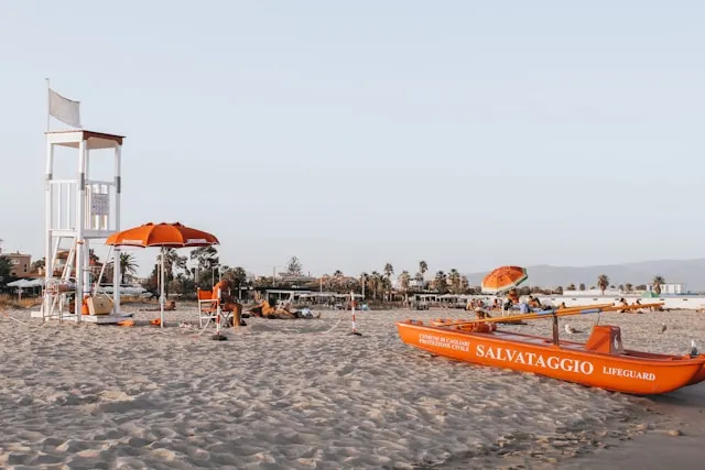 lifeguards on a beach in poetto cagliari sardinia italy