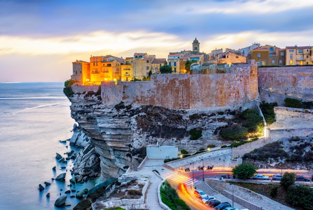 the walled old town of bonifacio corsica france at sunset where ferries leave for sardinia italy