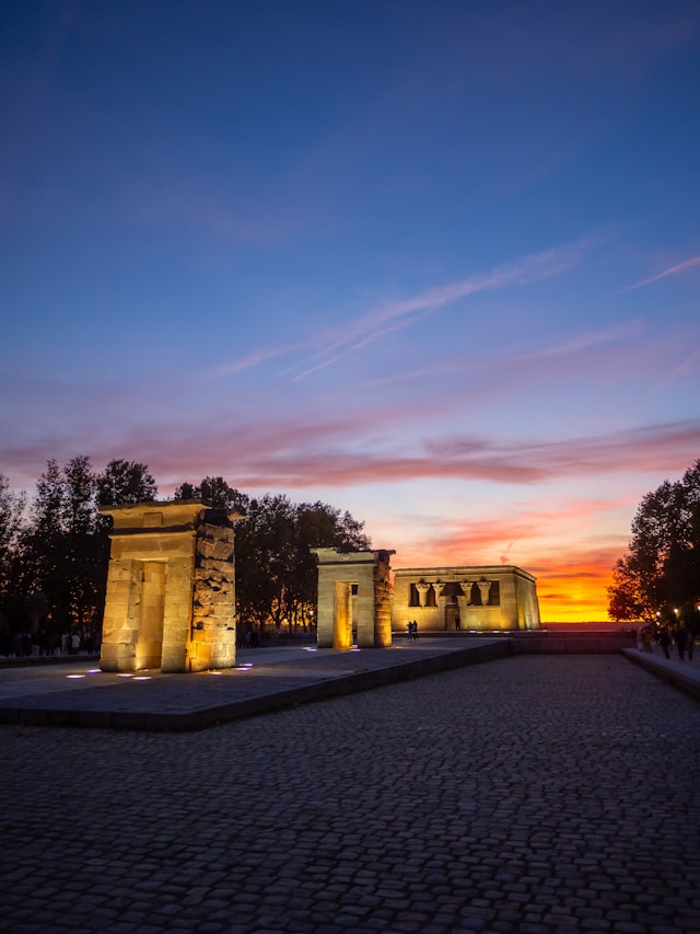 the ancient Egyptian temple of debod at sunset in madrid spain