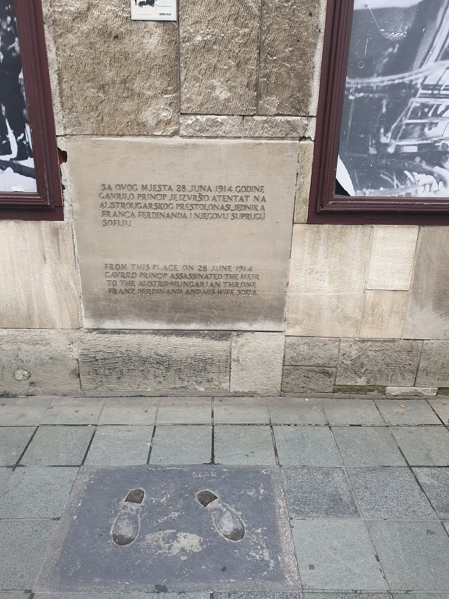 two footsteps on a pavement marking the spot from which the shot which killed archduke franz ferdinand and started the first world war was fired in sarajevo bosnia