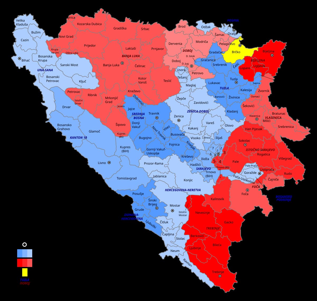 a geo-political map showing the divisions of bosnia and herzegovina