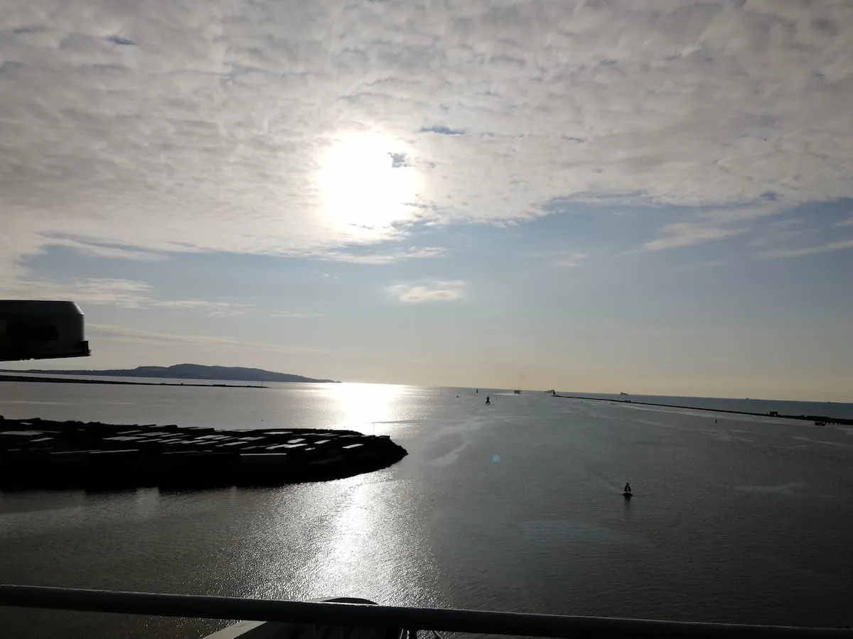 sunset over the irish sea viewed from a ferry setting sail from dublin ireland to holyhead wales
