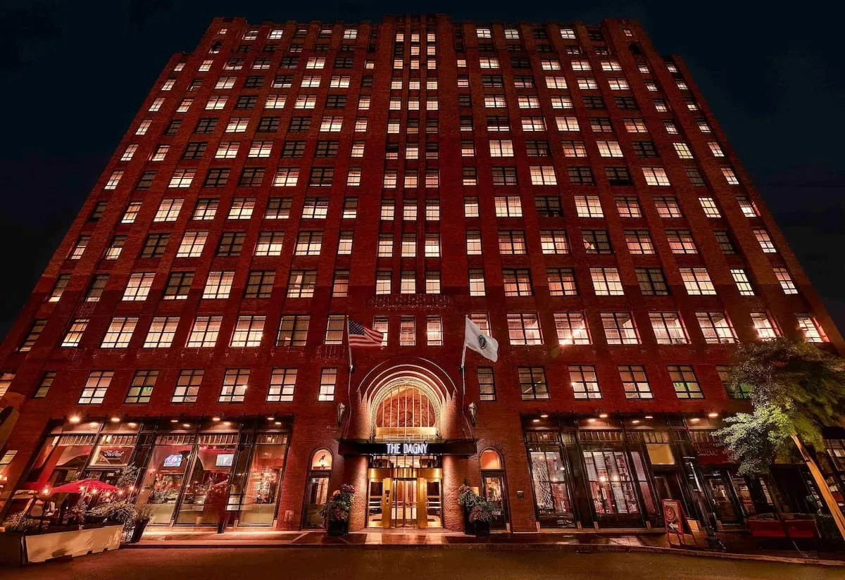 the red brick exterior of the dagny hotel boston massachusetts usa at night