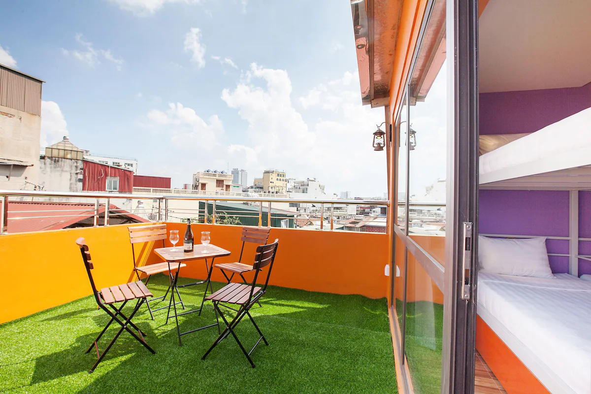 Certain dorms have their own balcony at the hostel in the Old Quarter