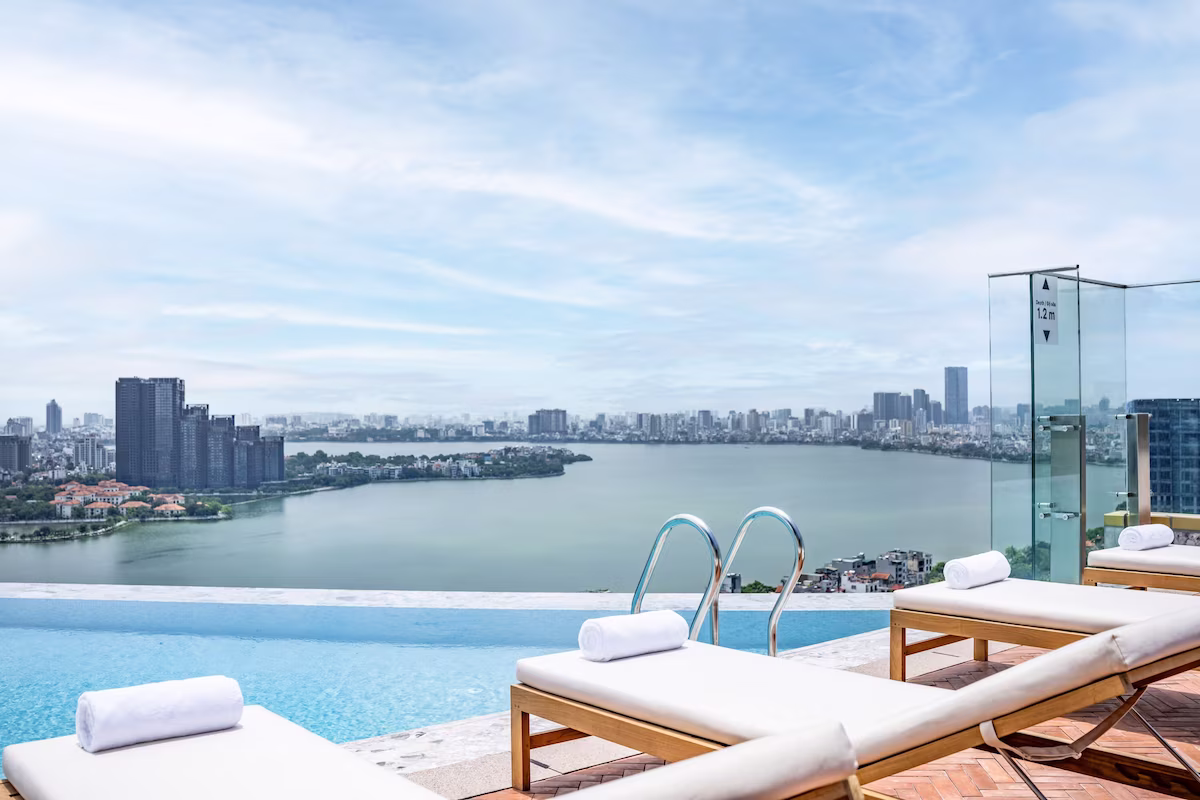 Views of West Lake from the hotel's outdoor rooftop swimming pool