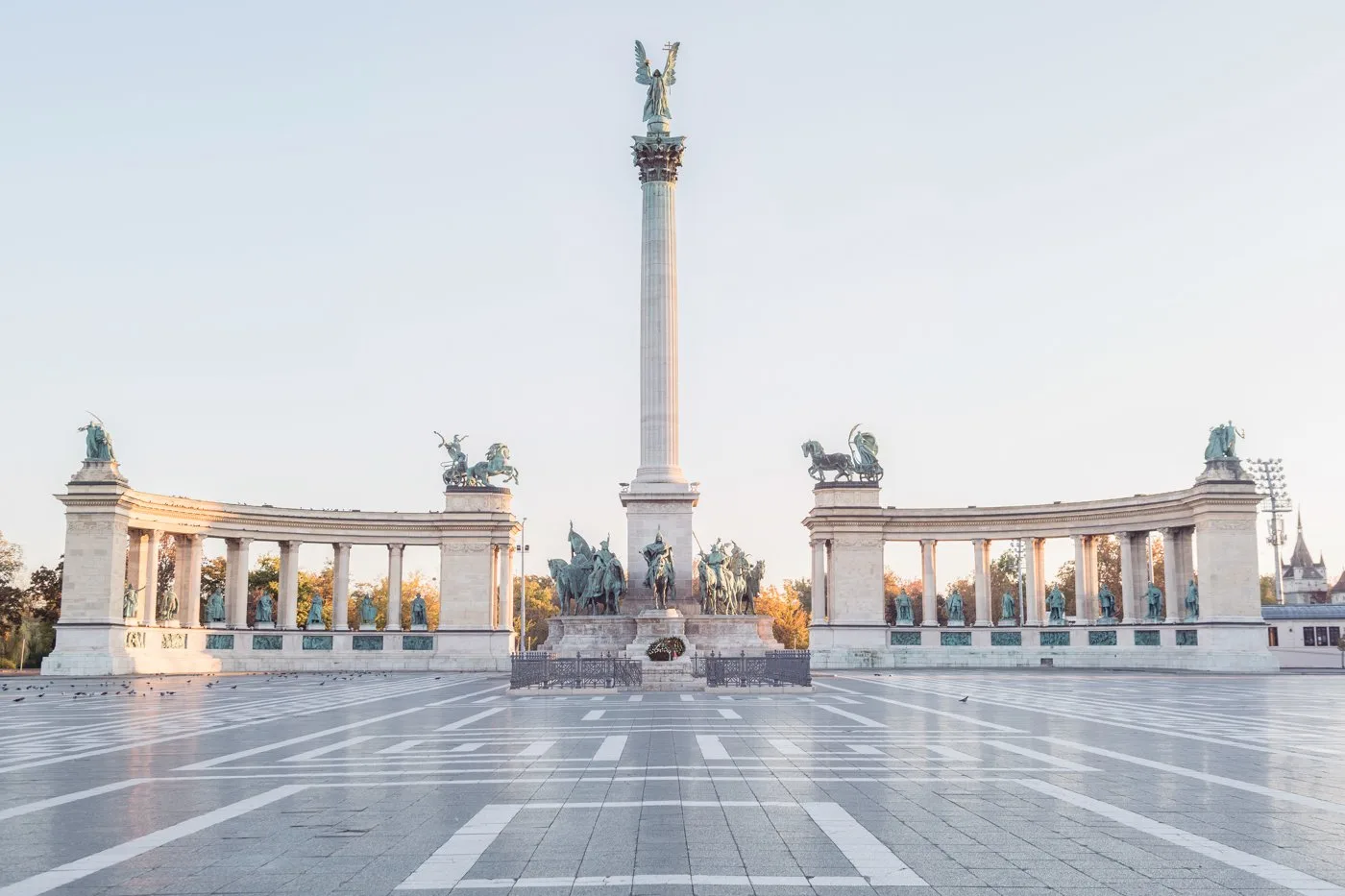 statues and memorials in heroes square on the edge of city park budapest hungary