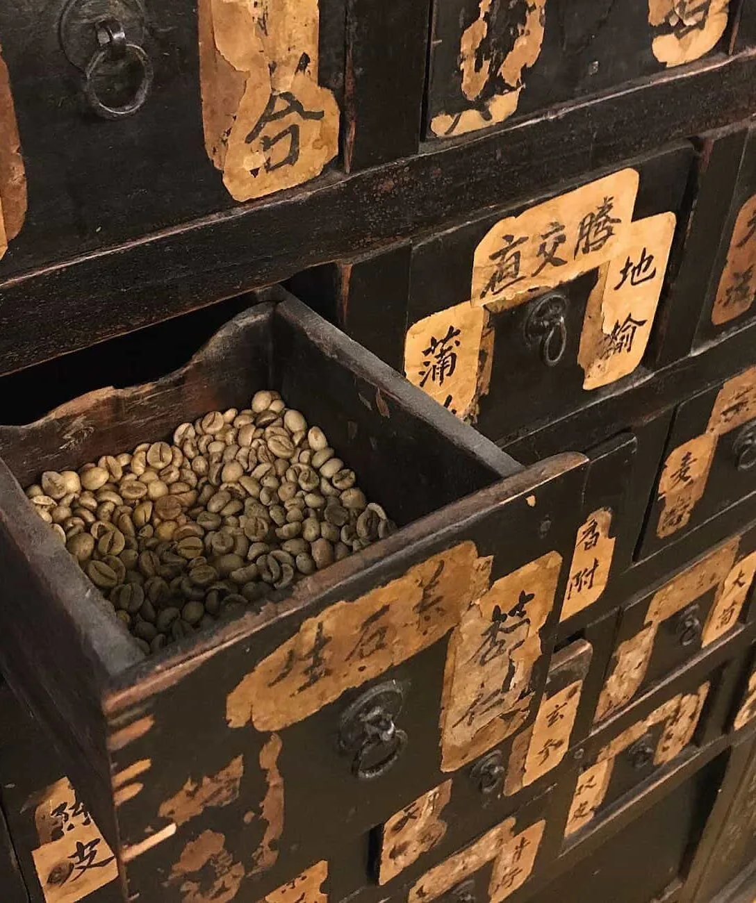 Antique drawers are filled with coffee beans at this coffee shop