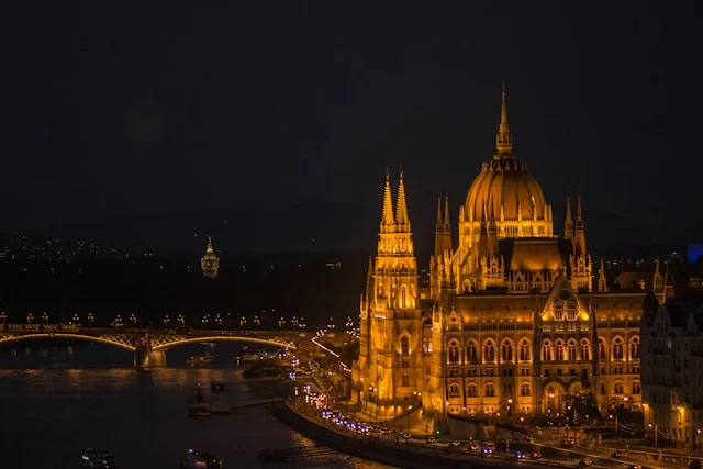 st stephen's basilica in budapest hungary lit up after dark