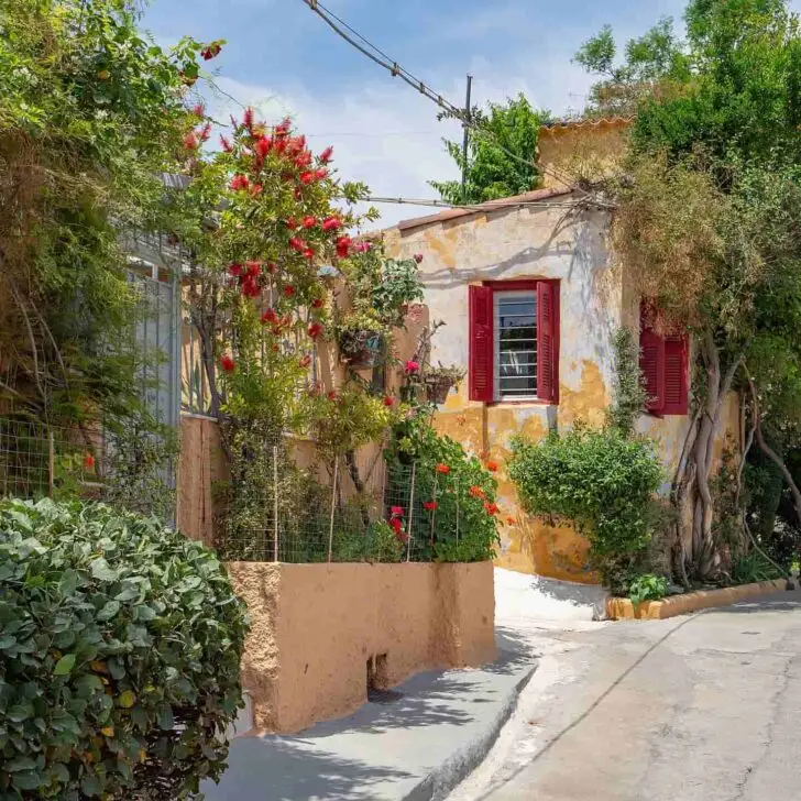 Picturesque homes and buildings covered in flowers and greens in Anafiotika village