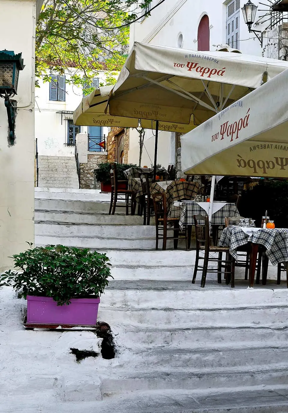 Restaurants spilling down the streets in Anafiotika