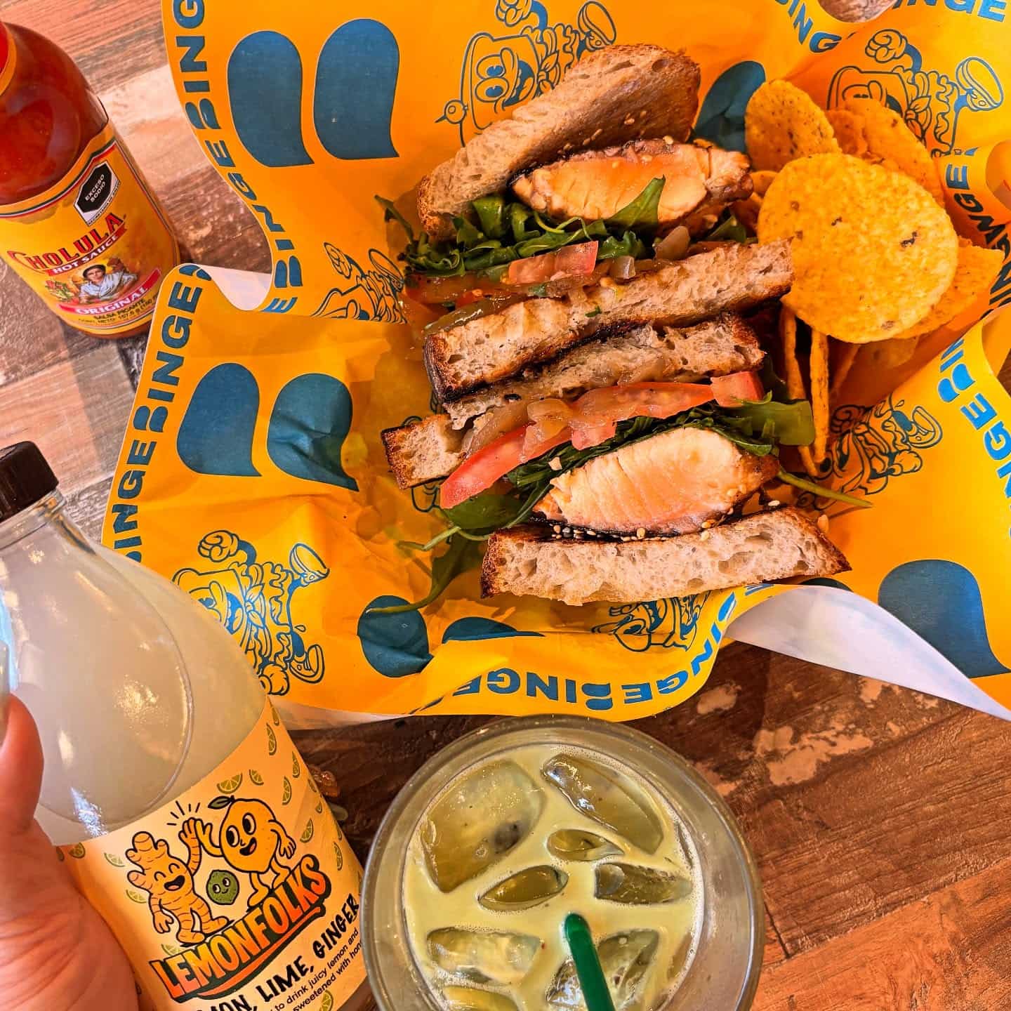 salmon terriyaki sandwich, fresh juice, and matcha