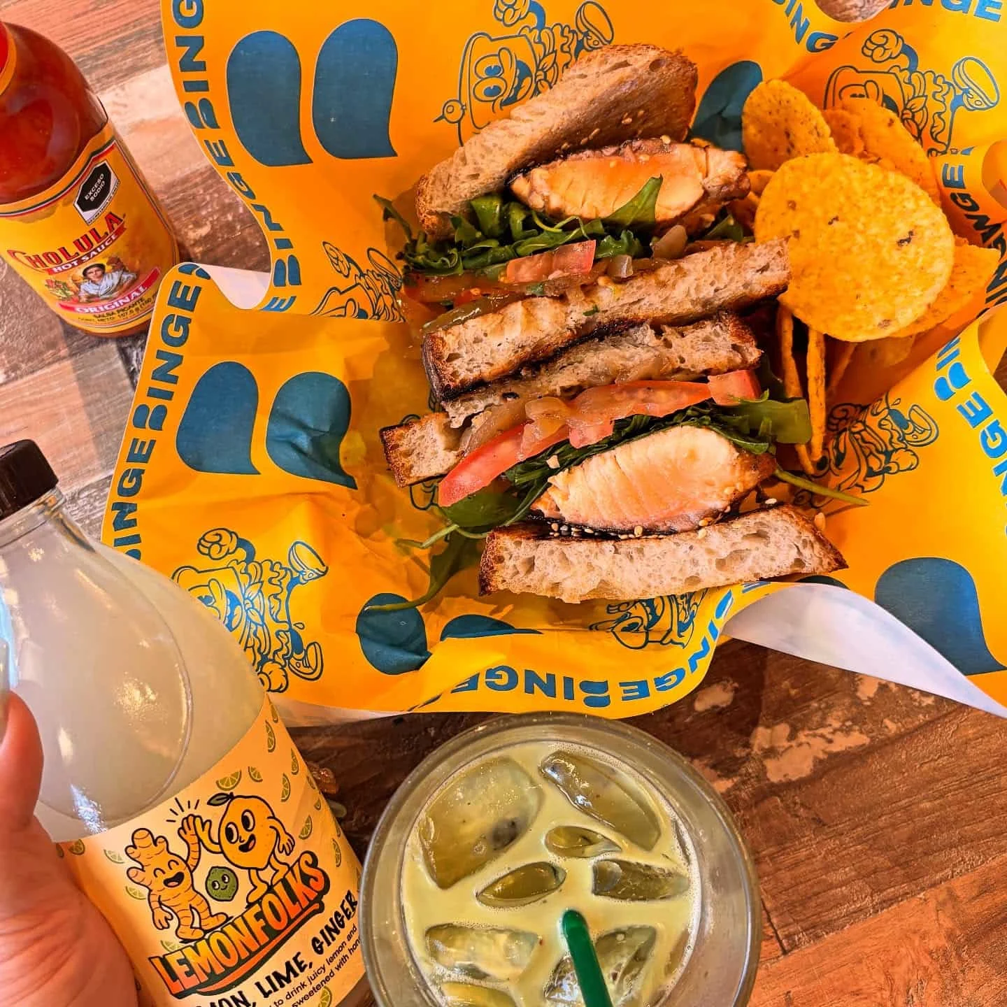 salmon terriyaki sandwich, fresh juice, and matcha