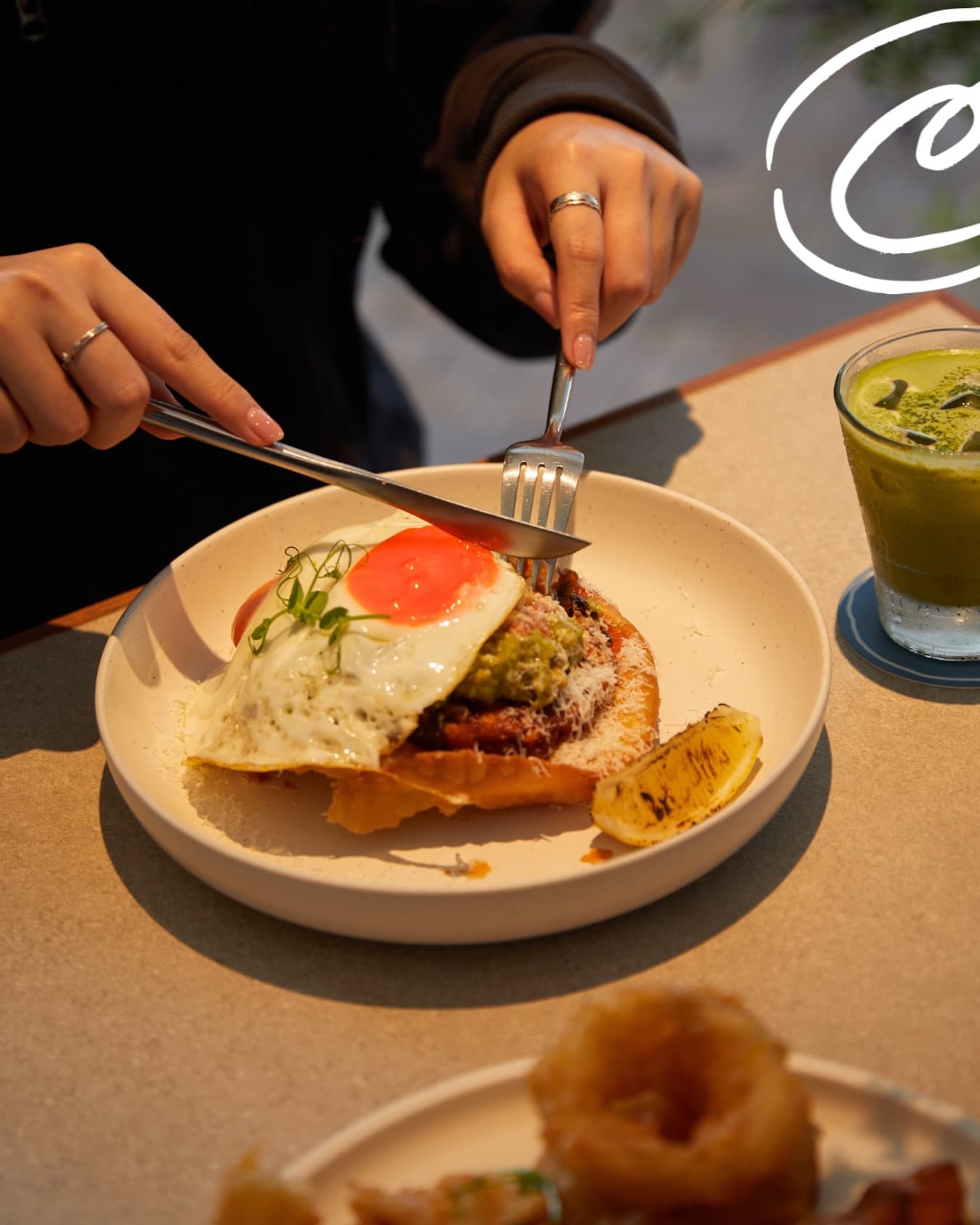 Corn fritter and iced matcha