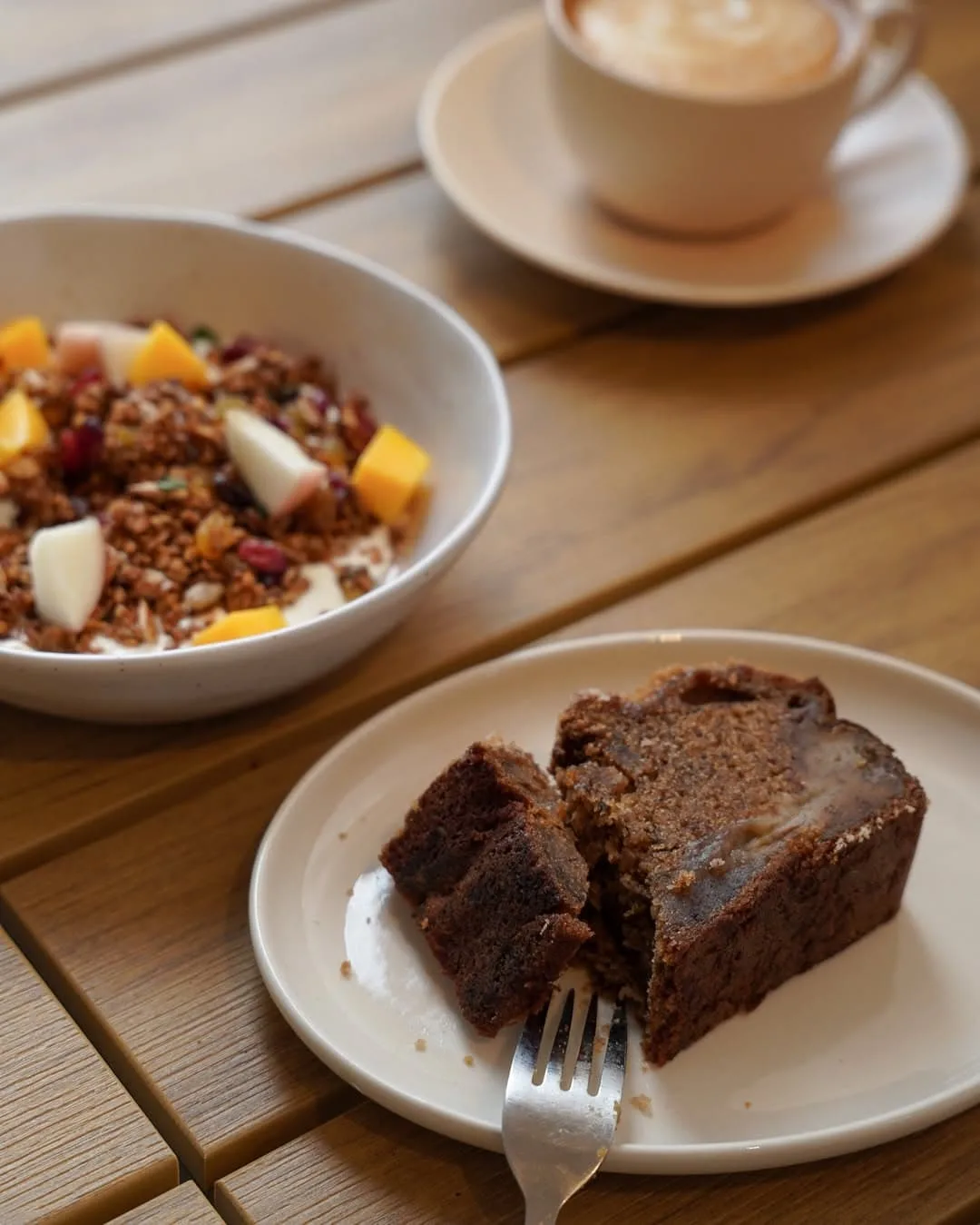 Granola, cake, and coffee