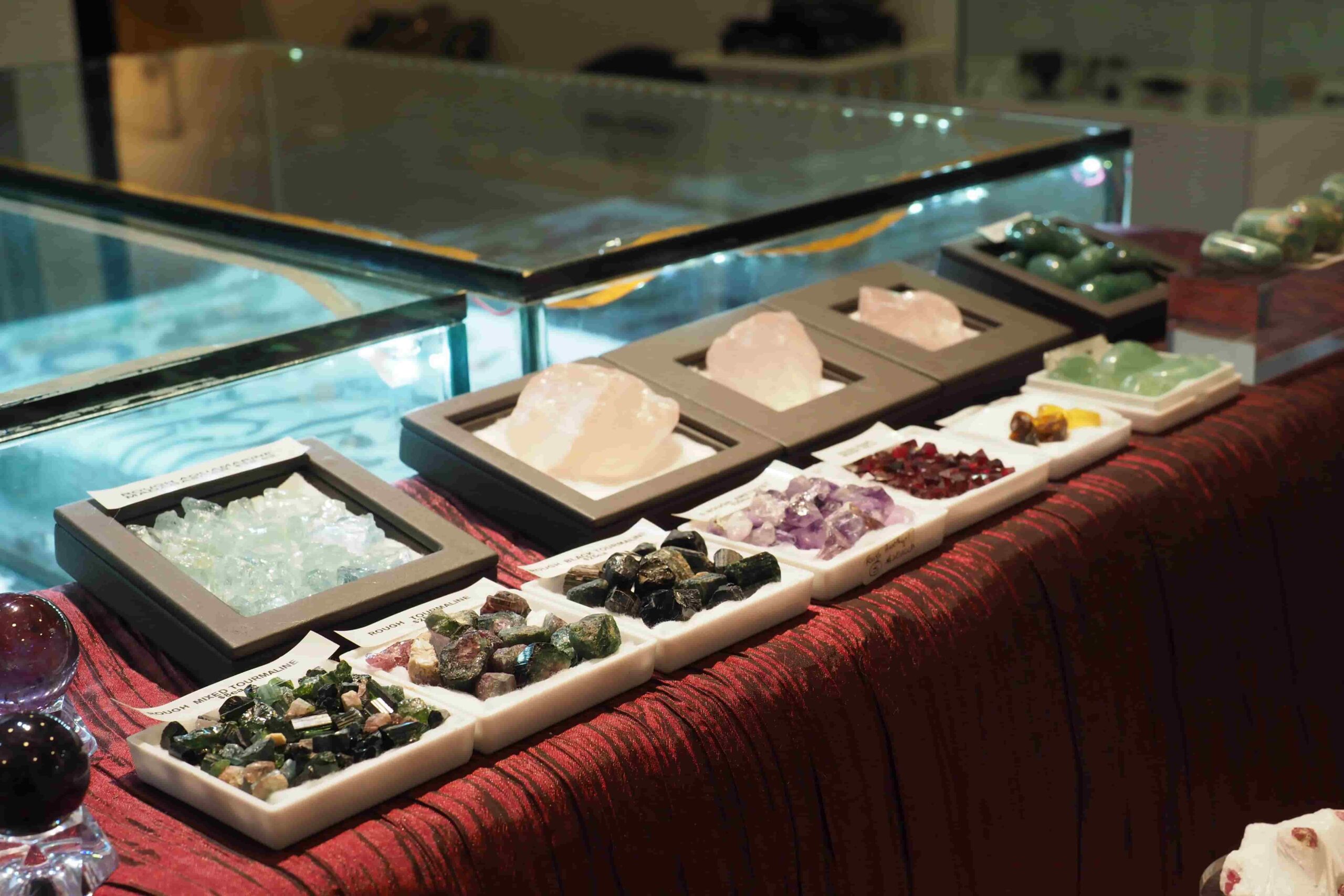 Cyrstals grouped by type on display