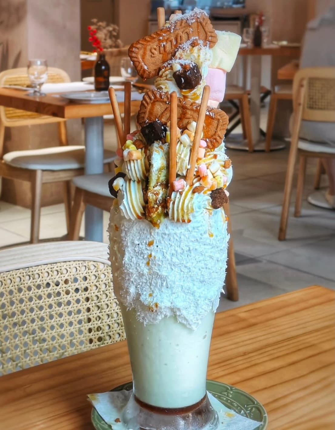 The gigantic ondeh milkshake topped with gula melaka and Biscoff cookies
