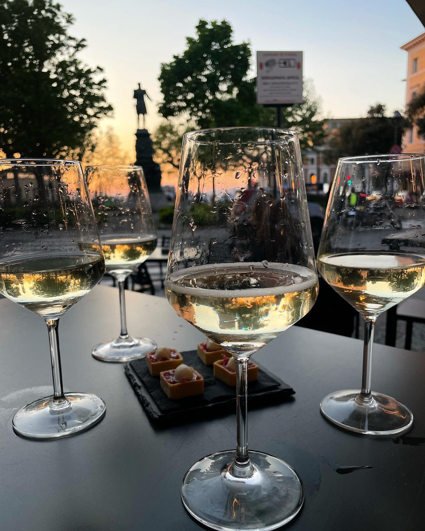 four glasses of white wine on a table outside bar sissi in trieste italy with trees in the background