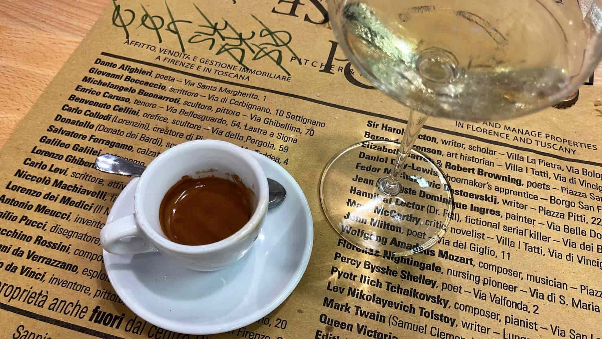 Having an espresso and a glass of wine at the restaurant inside the Sant'Ambrogio market