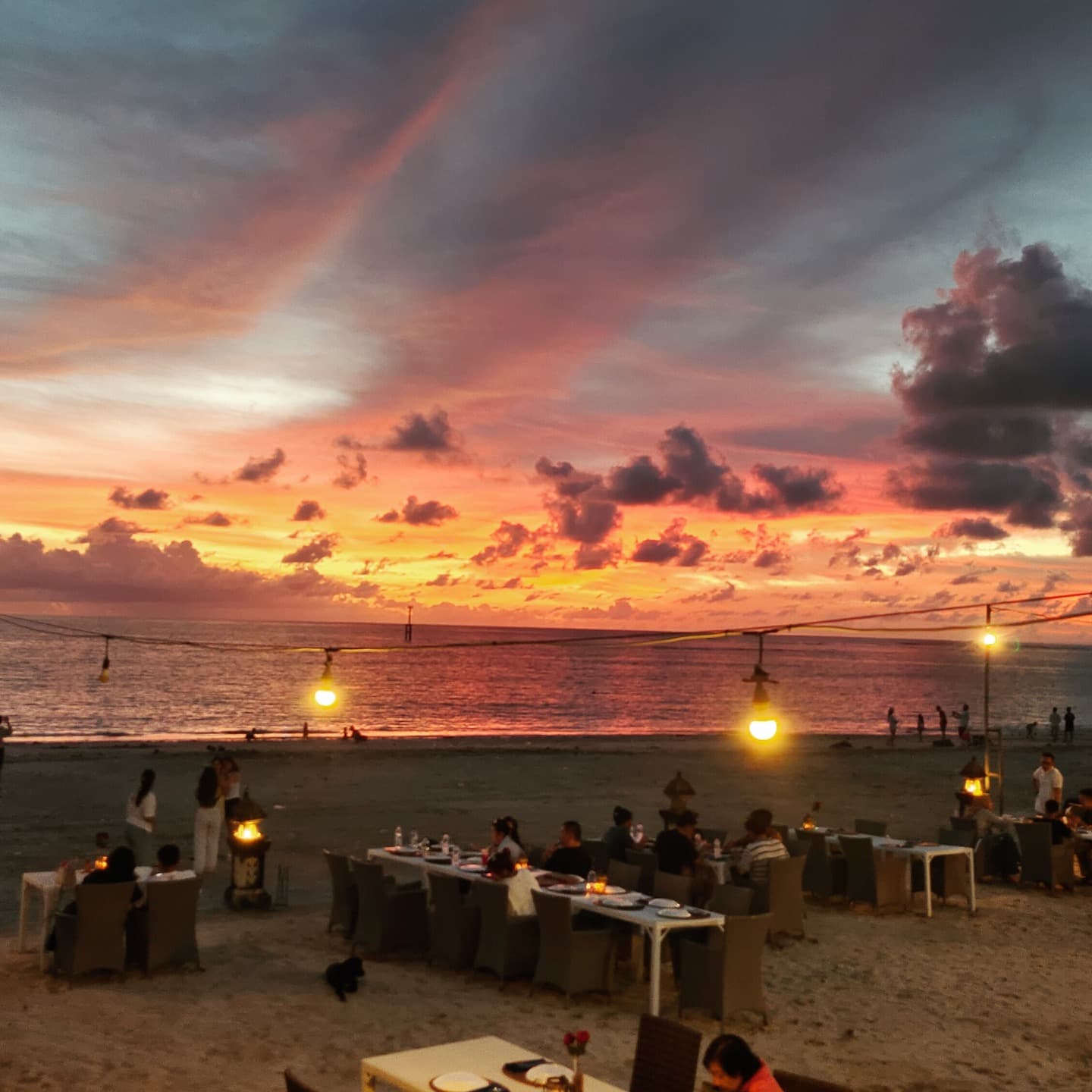Seafood restaurant on the beach at sunset